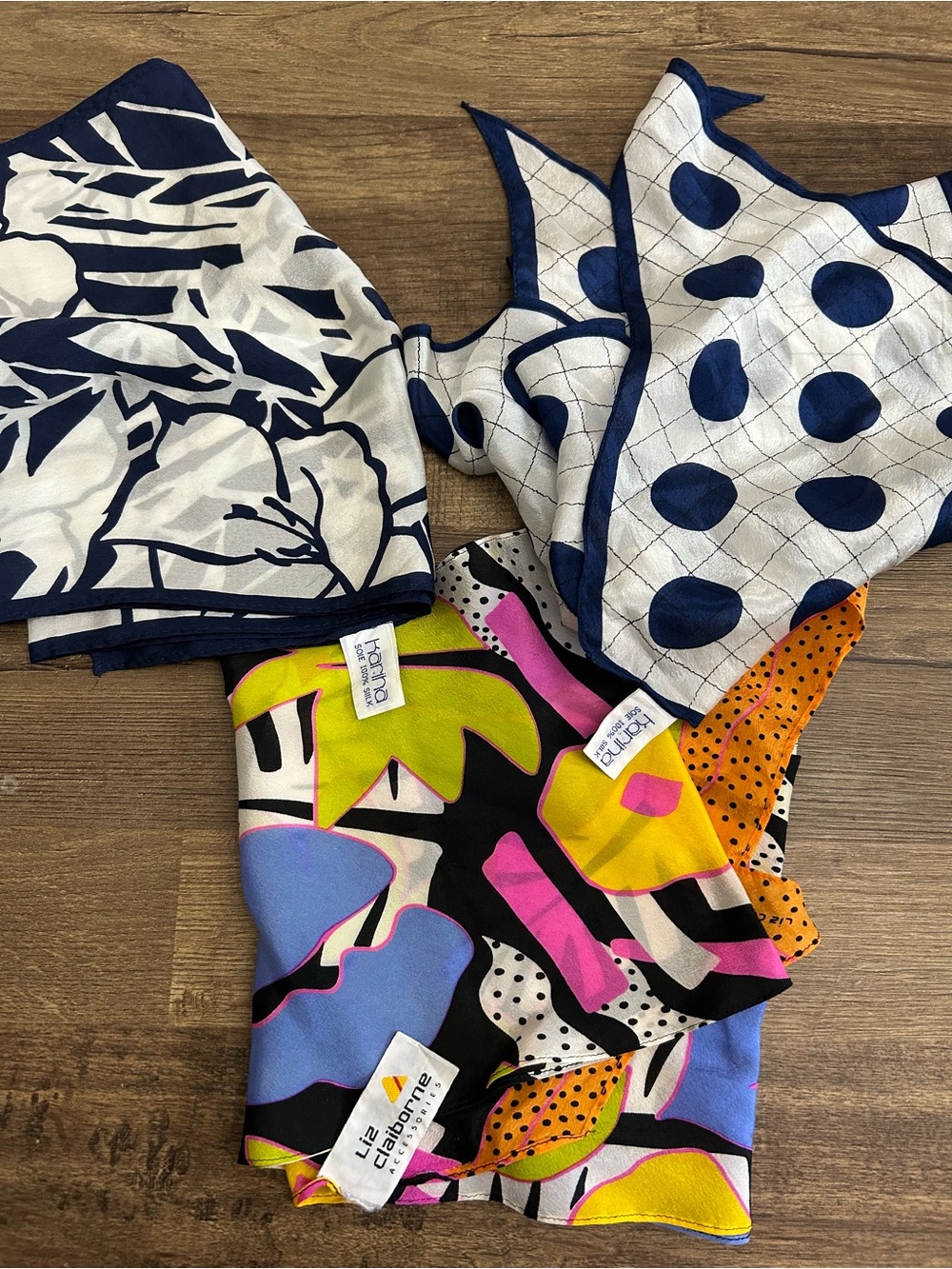 Lot of 3 Vintage 100% Silk Scarves - Karina Liz Claiborne Accessories Retro